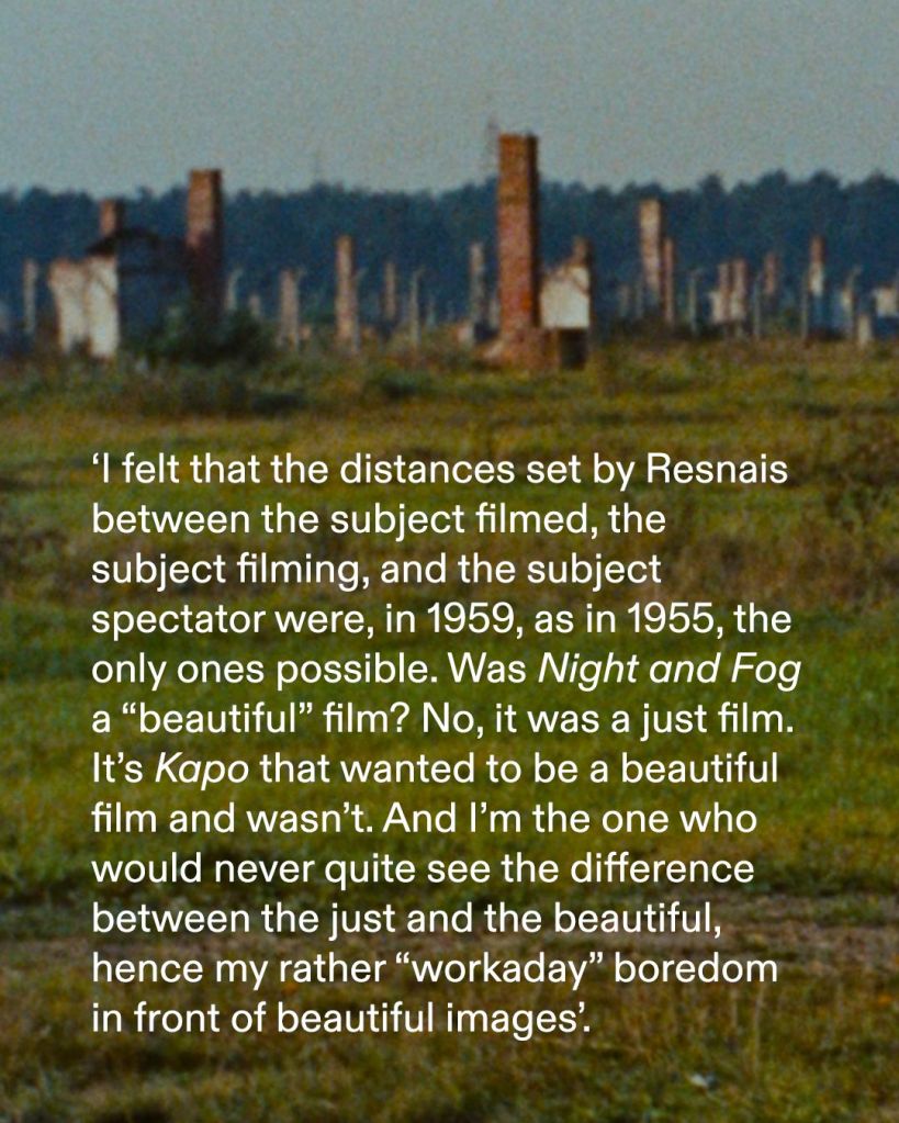 Season graphic quoting Serge Daney on Night and Fog and the distinction between just and beautiful images