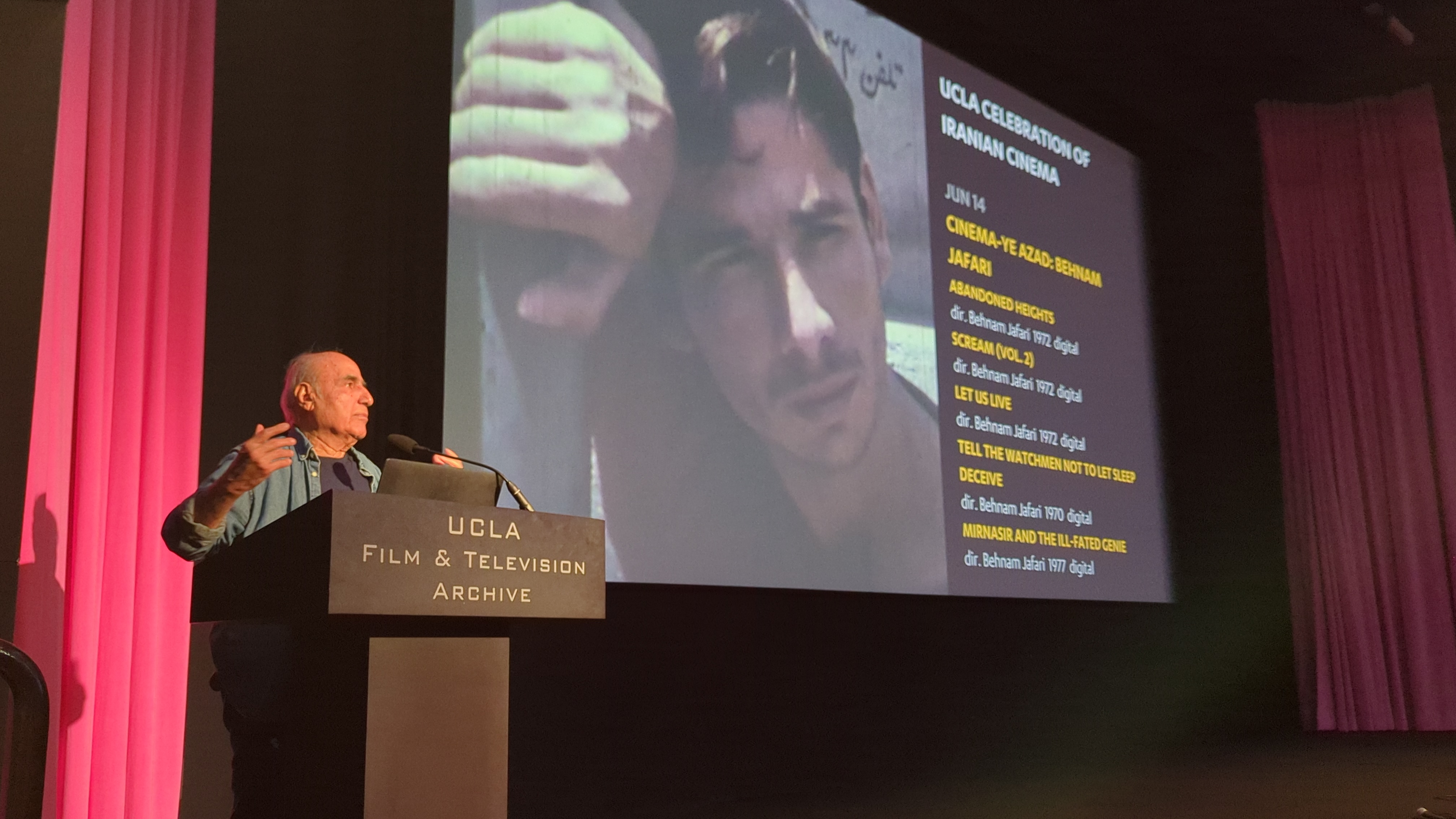 Amir Naderi introducing the Behnam Jafari programme, UCLA Film & Television Archive, 14 June 2026.