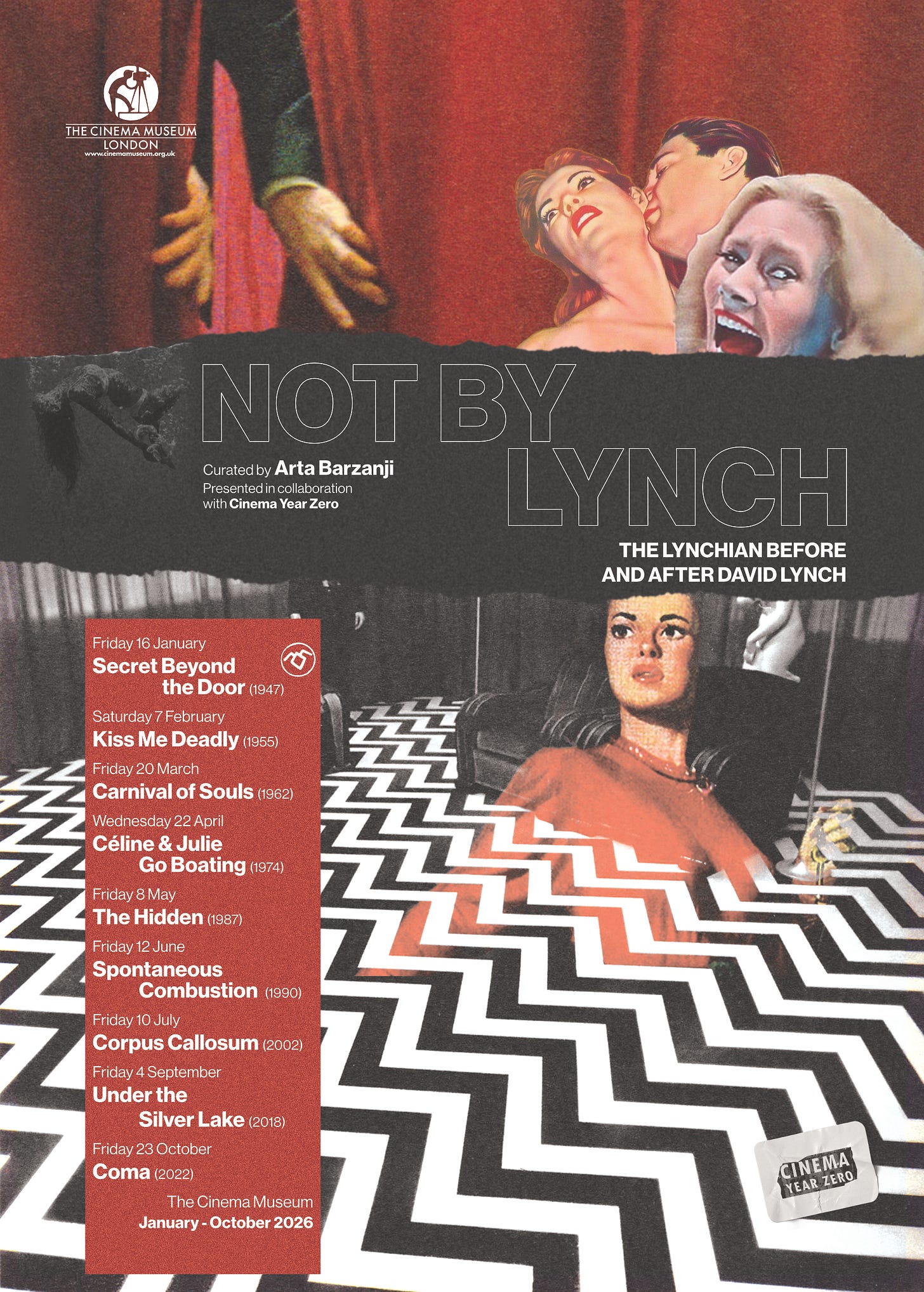 Not By Lynch season poster: a collage of film images and a black-and-white chequered floor.